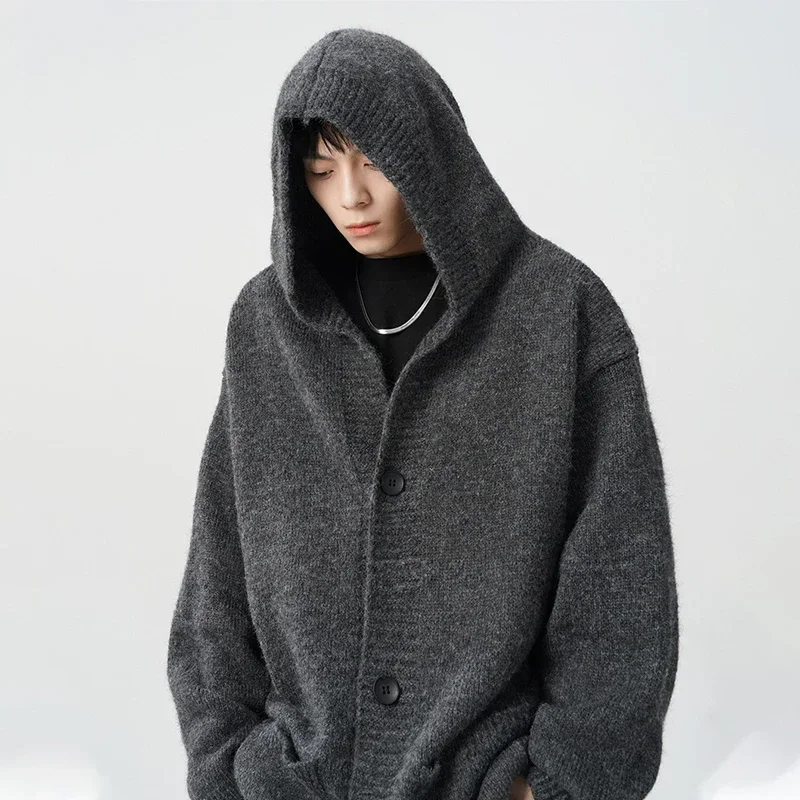 

Spring Gray Woollen Knitted Cardigan Hooded Sweater For Men Pockets Korean Fashion Knitwear Jacket Y2K Vintage Jumpers Hombre