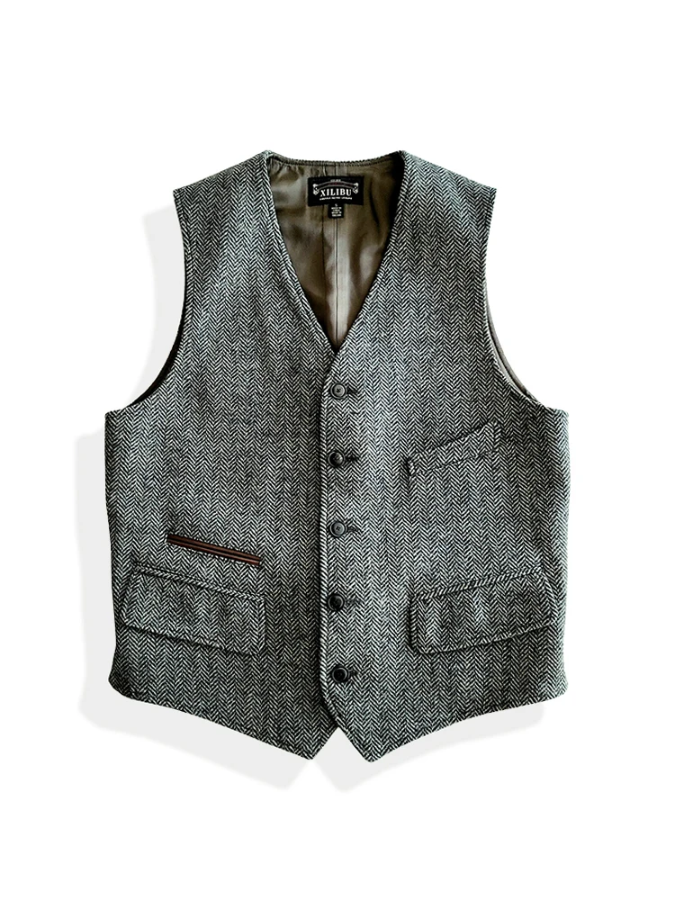 

Men's Amekaji Wear Clothes Wool Herringbone Tweed Vest American Retro Business Casual Good Quality