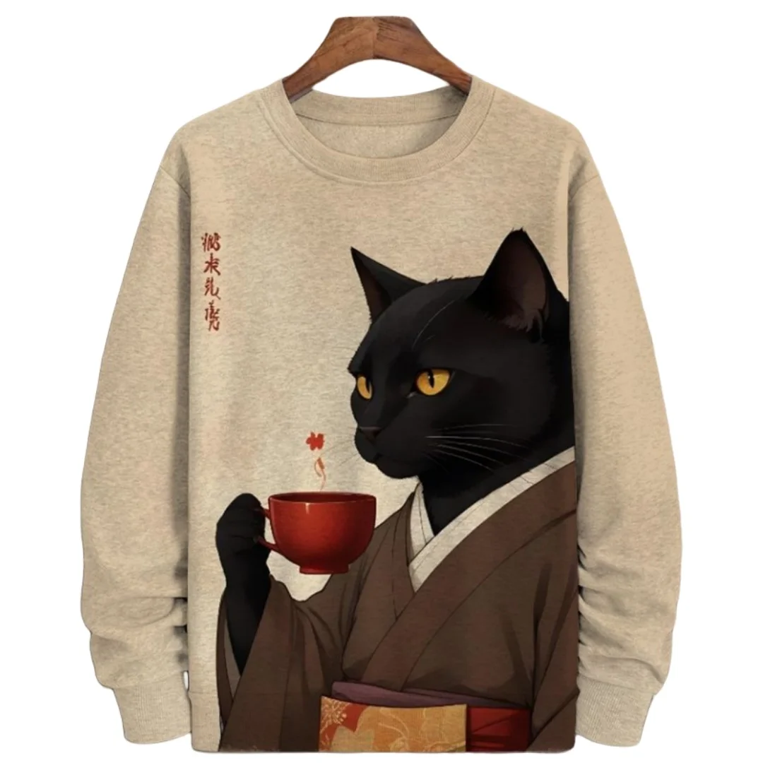 Japanese Samurai Cat Print Men\'s Sweatshirts Cotton Round Neck Long Sleeve Loose Pullover Autumn Oversized Men Clothing Tops 5XL