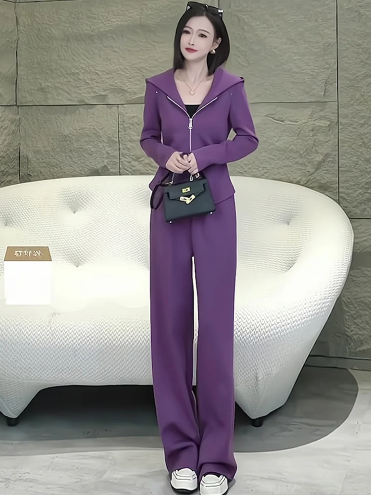 

Fall European Style Sporty Casual Hoodie And Wide Leg Pants Two Piece Set for Women Fashionable Purple Outfit Ensemble