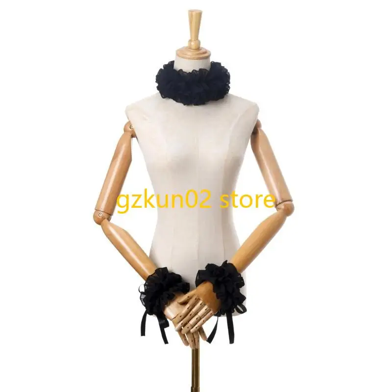 

KXRB Elizabethan Black Neck Ruff False Collar and Ruffled Faux Wrist Cuffs Set for Cosplay Event and Historical Reenactments