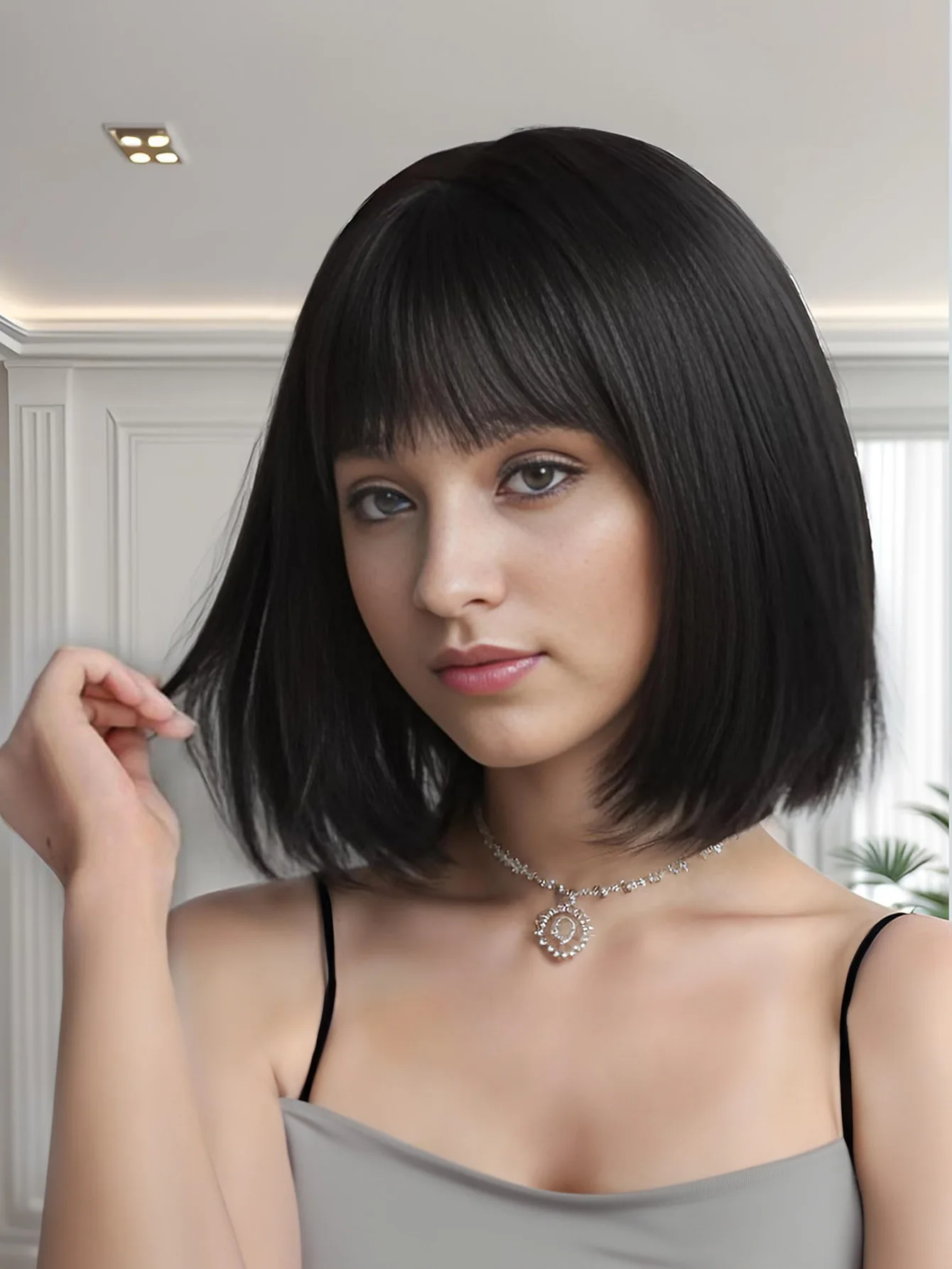 12 Zoll natürliche schwarze kurze Bob Perücken mit Pony Licht Yaki glattes Haar stumpf geschnitten leimlose Perücken realistischen Look täglich Kostüm wi