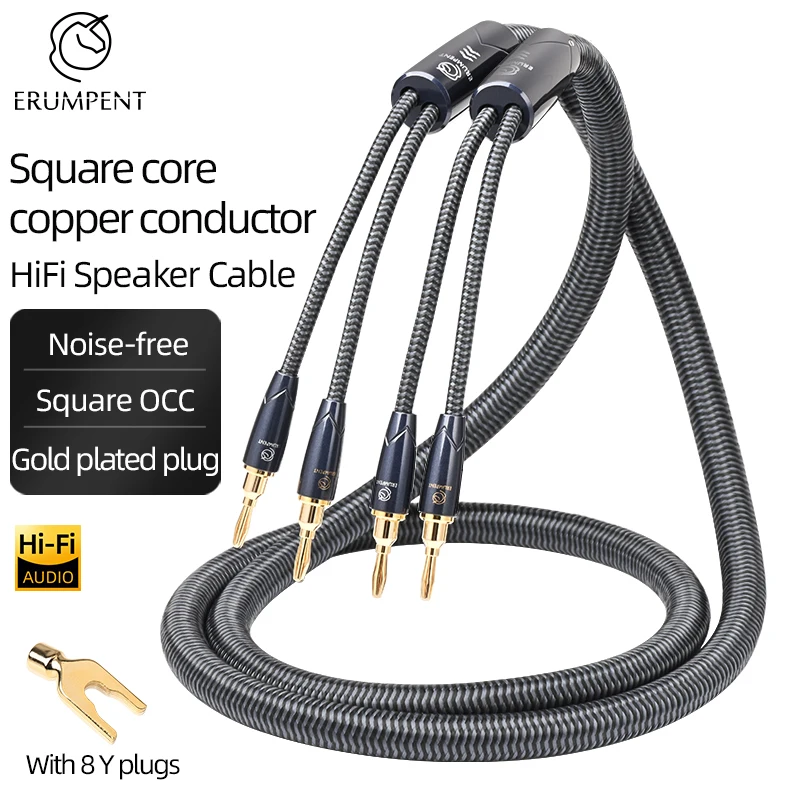 HiFi Speaker Cable for Amplifier Speaker High Quality Square OCC Convertible Banana Spade  Gold Plated Plug Speaker Line