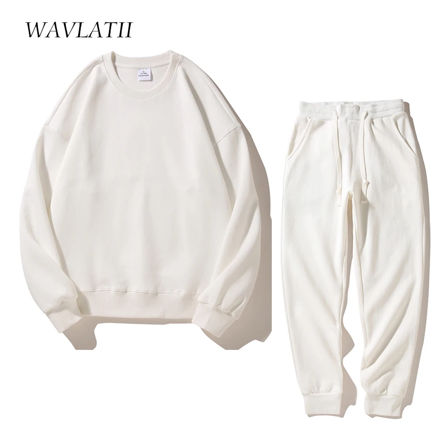 WAVLATII Women New White Streetwear Sweatshirts Sets Female Grey Casual Oversized Sporty Hoody Tops Pants Suits for Young WH2390