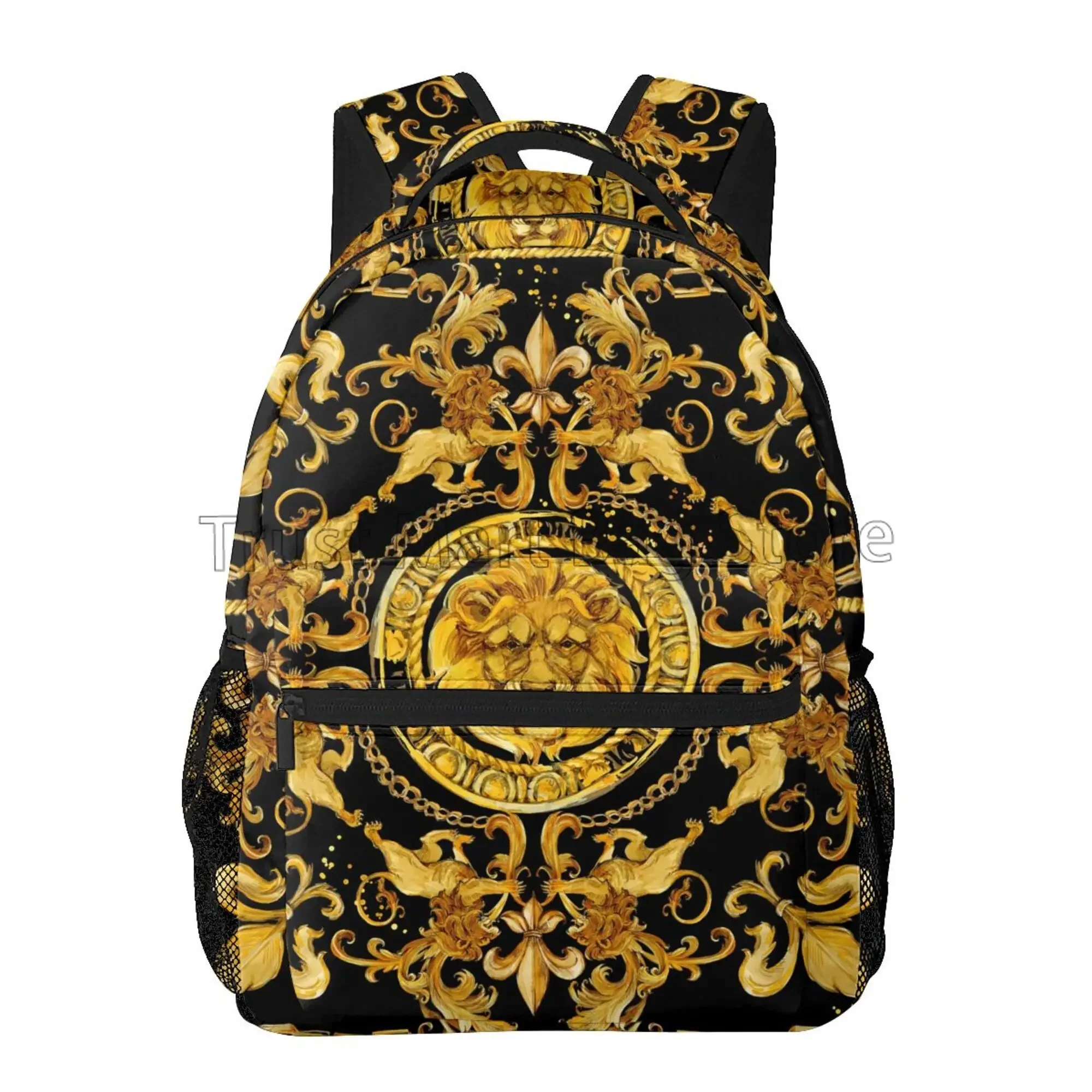 Golden Lion Baroque Pattern Backpacks School Bag Lightweight Student Bookbag Unisex Laptop Daypack for Travel Hiking Camping