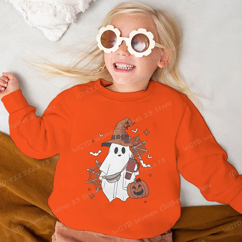 Halloween Cute Ghost Pumpkins Graphic Long Sleeve Shirts For Boys Girls Casual Round Neck Halloween Shirt Gifts Kids Sweatshirt