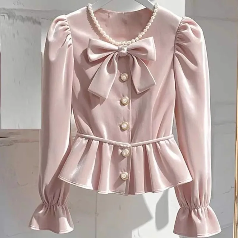 Pretty Pearl Beading Bow Elegant Shirt Jacket Pink Velvet Single Breasted Shirt Slim High Waist Ruffles Short Coat Office Lady