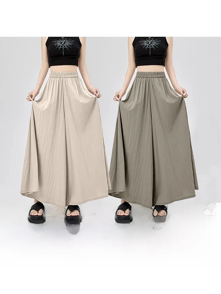 High Waist Ice Silk Wide Leg Pants Skirt for Women Thin Summer Quick Dry Sun Protection Short Size Casual Straight Leg Trousers