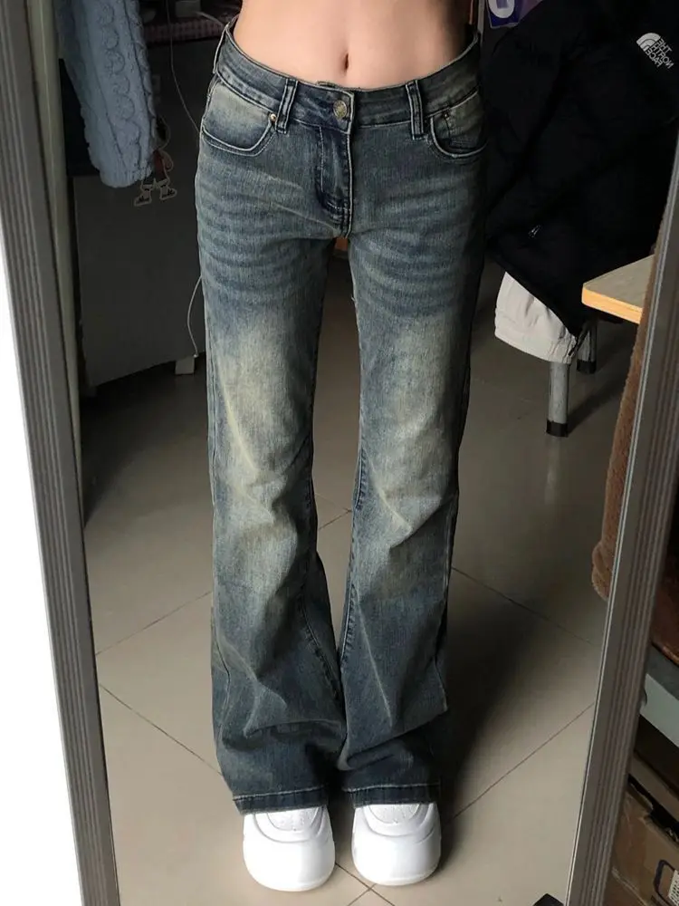 جينز نسائي أمريكي ريترو ربيع الخريف فتاة حار شارع العليا عالية الخصر نحيل واسعة الساق طول الأرض سروال حدوة الحصان