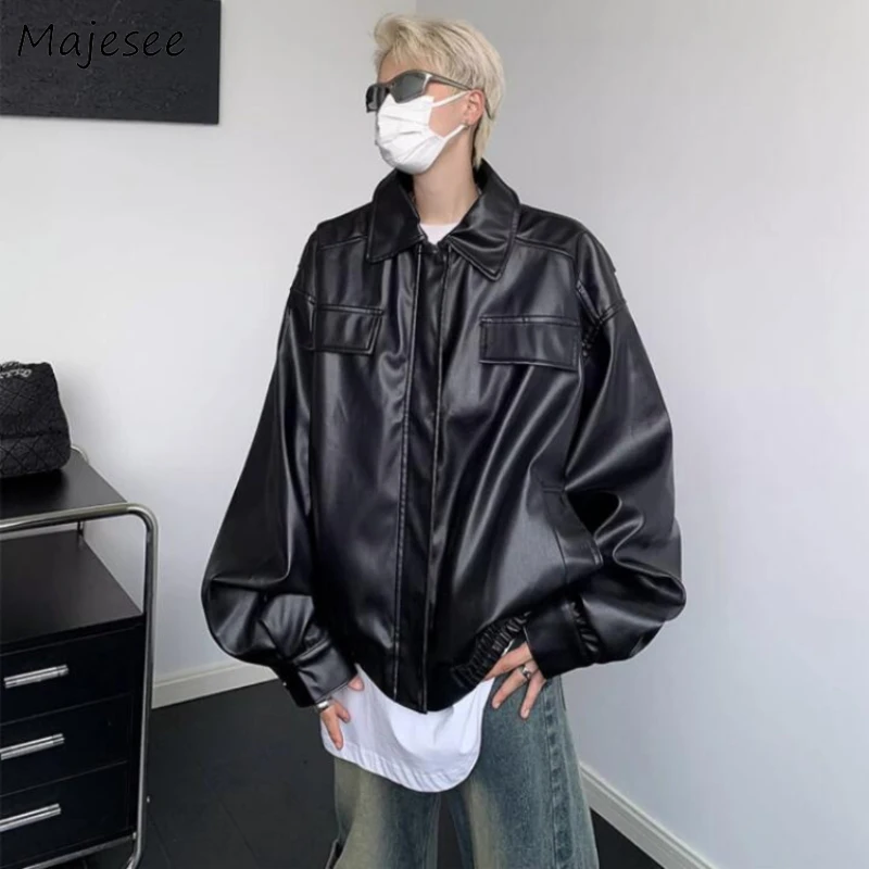 

Bomber Jackets Men American Retro PU Leather Casual Coats Solid High Street Loose Chic Zip Up Fall New Trendy Simple Outwear Ins