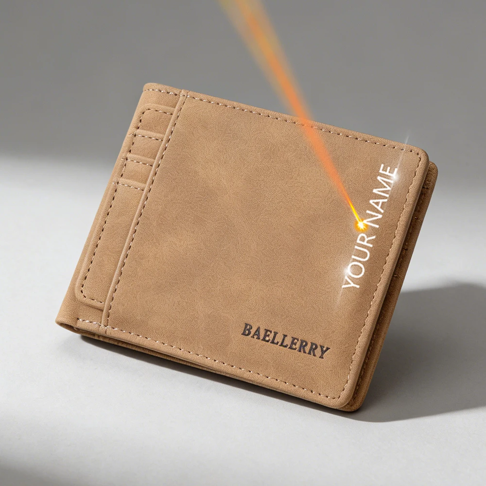 

Baellerry Men Short Wallet High Quality Name Engraving Card Holder Zipper Coin Pocket Simple Small Money Clips Retro Male Purses