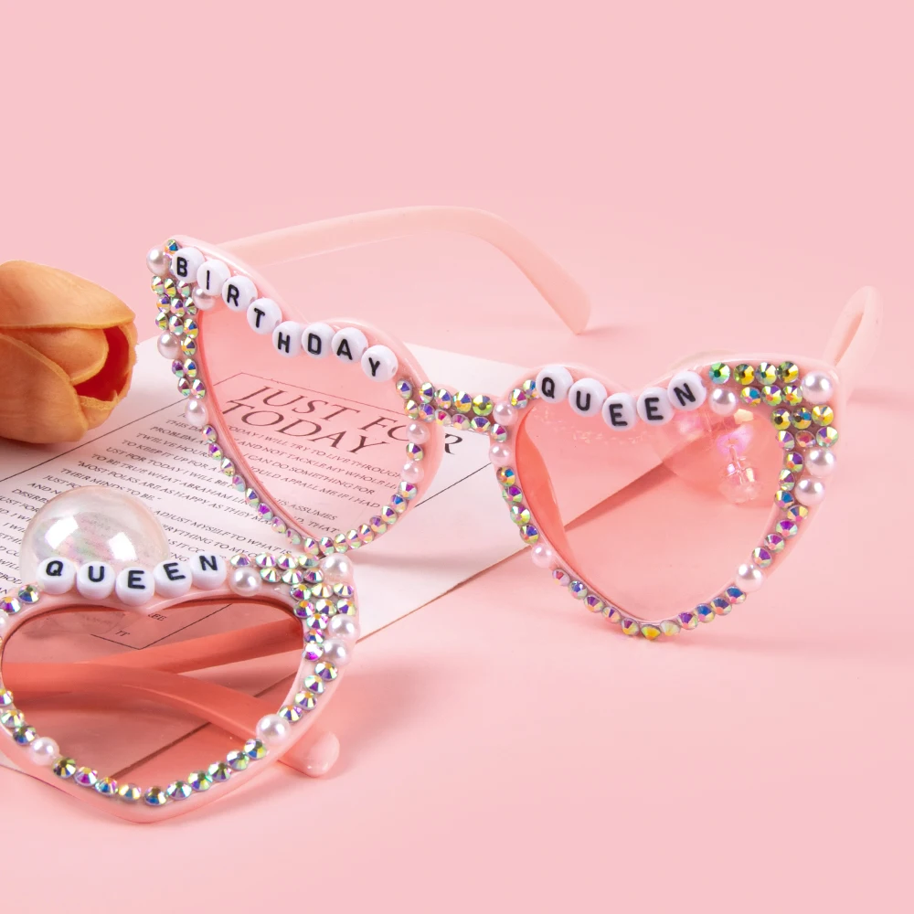 1/2/6Pcs Pink Birthday queen Love Heart Shaped Sunglasses Vintage Retro Glasses Bachelorette Party Girls Birthday Gift Supplies