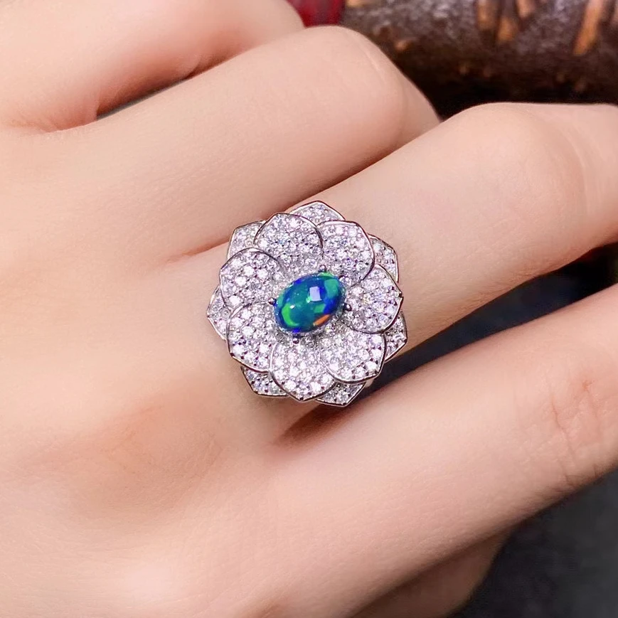 Dazzling 925 Silver Rose Ring for Party 5mm*7mm Natural Australia Opal Ring 18K Gold Plated Dyed Black Opal Jewelry