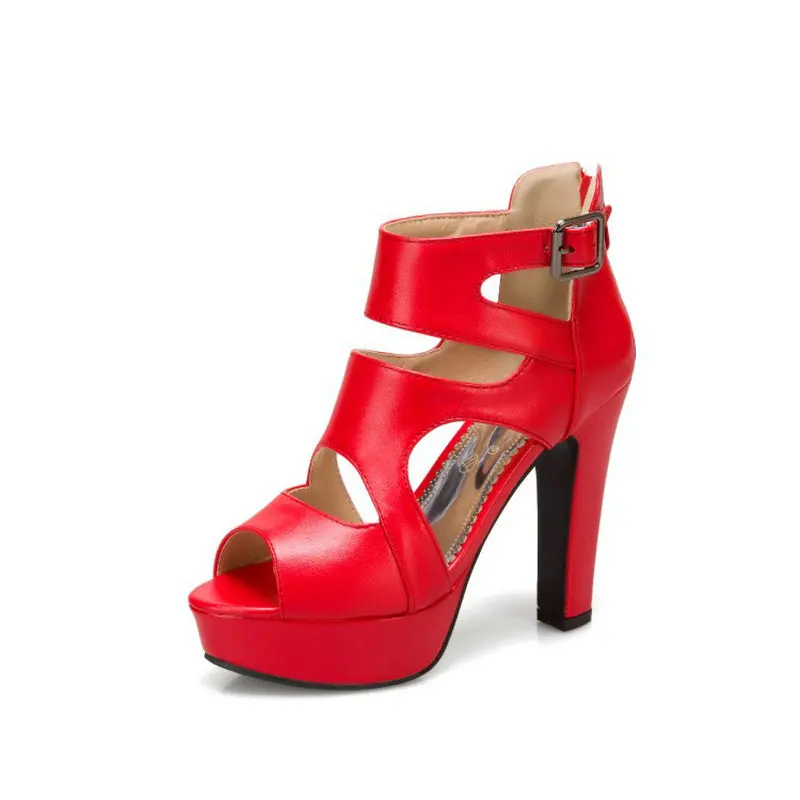 Mature Cross-strap Peep Toe Gladiators Woman High Heels Shoes Hallow Cut-out Yellow Red Platform Women Sandals Oversized 34-50