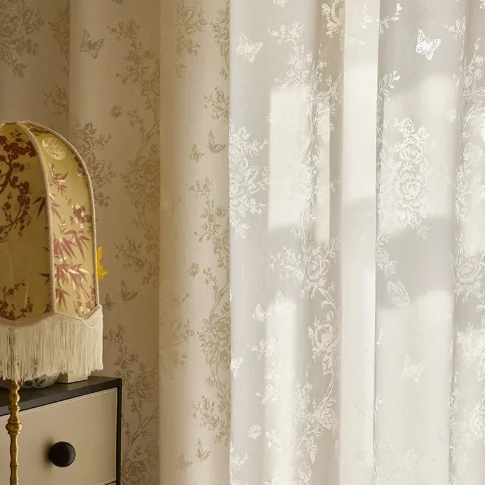 French Light Luxury Window Screen Transparent Jacquard Butterfly Gauze Cream Curtains for Living Dining Room Bedroom