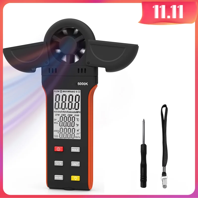 

Handheld Anemometer for Measuring Wind Speed, BT-5000K Digital Air Flow Meter with Vane Cover & 270º Rotatable Detector