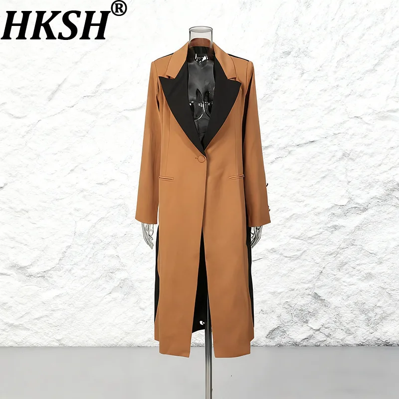 

HKSH Spring Autumn New Women Blazer Trench Coat Turn-down Collar Contrast Color Single Button British Style Long Jackets HK16741