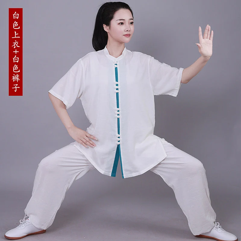 Unisex Tai Chi Suit Summer Short Sleeve Lightweight Breathable Linen Martial Arts Training & Morning Exercise Wear for Adults