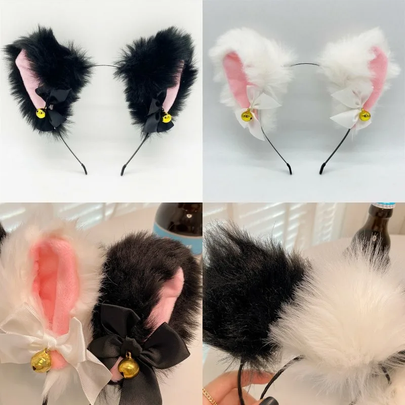 Bandeau oreilles de chat renard avec nœud papillon pour femmes, collier en dentelle, cloche en peluche, bandeau Lolita Cosplay, mascarade, accessoire pour cheveux de fête