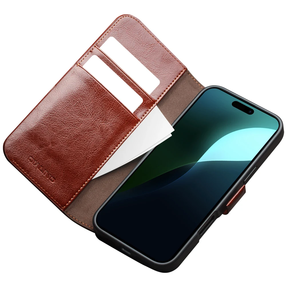 Premium Natural Cowhide Real Genuine Leather Cover Case For Iphone 16 15 14 Plus 13 12 Pro Max Case Qialino Flip Magnetic Button