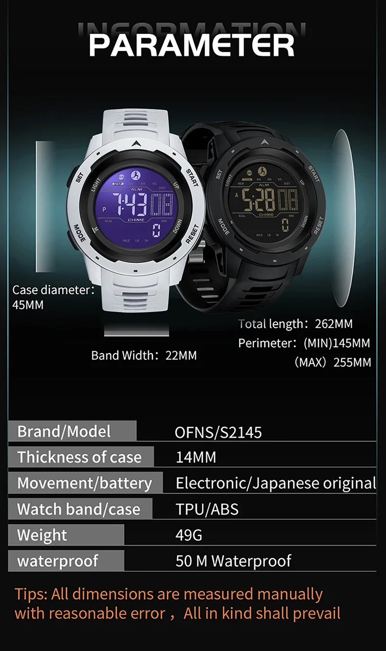 Ofns-メンズ防水LEDデジタルミリタリー腕時計、スポーツ時計、カレンダー、時計、クロノグラフ、メンズ腕時計、2145