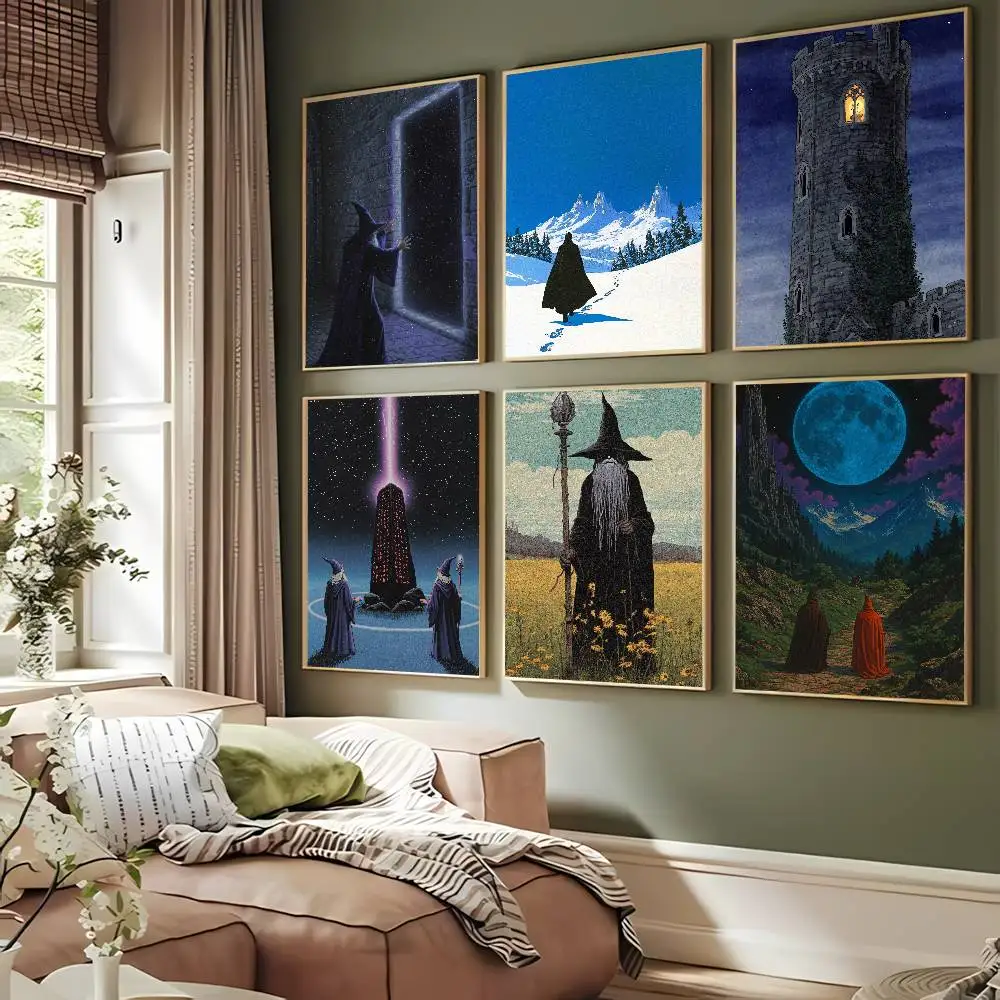 Wizard Magic Poster, Dark Fantasy Sorcerer Glowing Starry Sticker Door in Ancient Rune Corridor Wall Art for Medieval Room Decor
