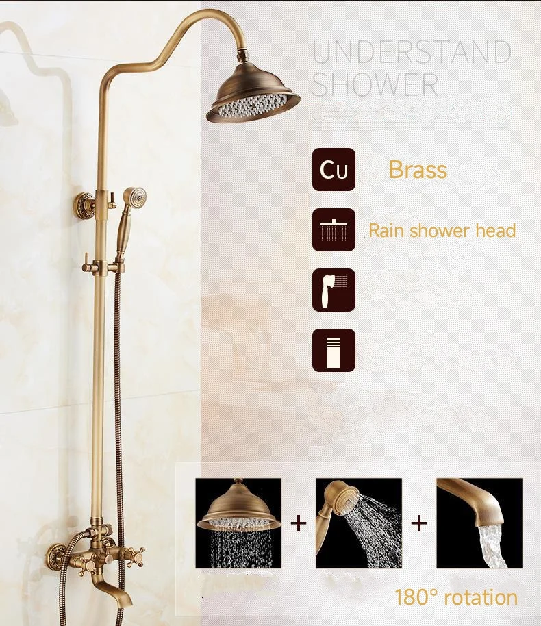 Brass Antique Bathroom Shower Faucet Set Wall Mount Dual Handle with Handshower + Shelf Brass Bathroom Shower Mixer Tap