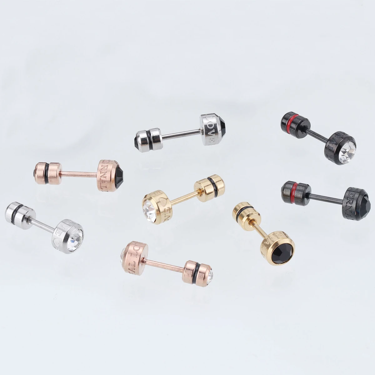 1pc/2pcs Stainless Steel ETERNAL LOVE Letters CZ Zircon Rhinestone Thread Needle Screw Earrings Ear Studs For Men And Women