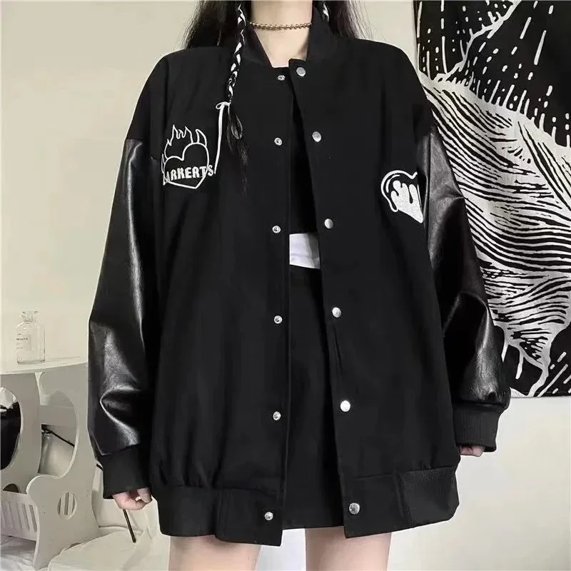 

Women Black Coat Autumn Korean Harajuku Loose Jacket Streetwear Oversize Patchwork Leather Pure Baseball Uniform Outerwear