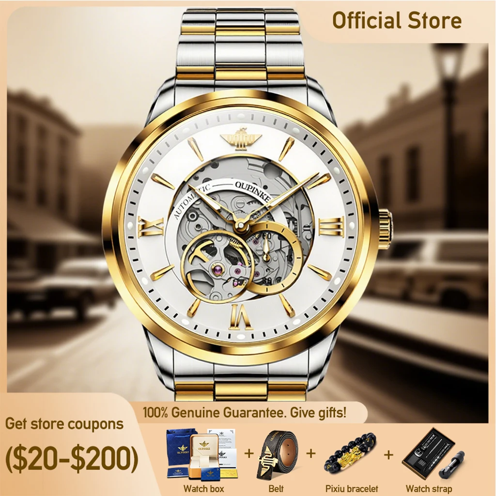 OUPINKE 3190 Original Luxury Mens Watches Skeleton Automatic Mechanical Watch Movement Waterproof Luminous Watch Stainless Steel
