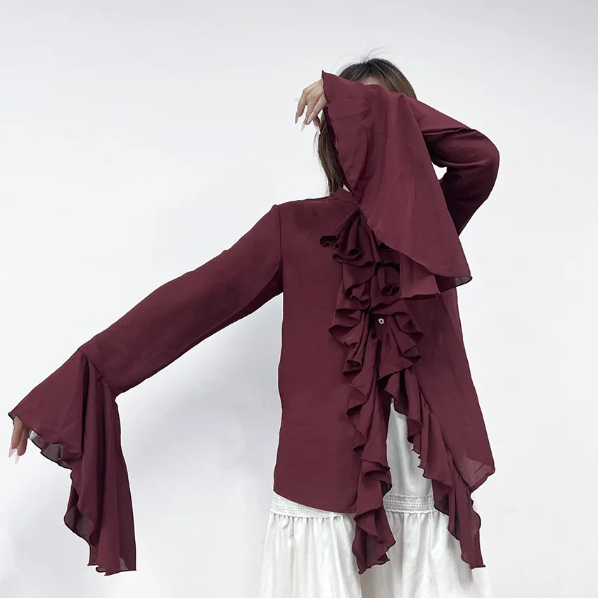 Elegant Retro Shirt Autumn Fashion New Round Neck Single Breasted Ruffle Bell Sleeve Burgundy Shirt Loose Casual Banquet Top
