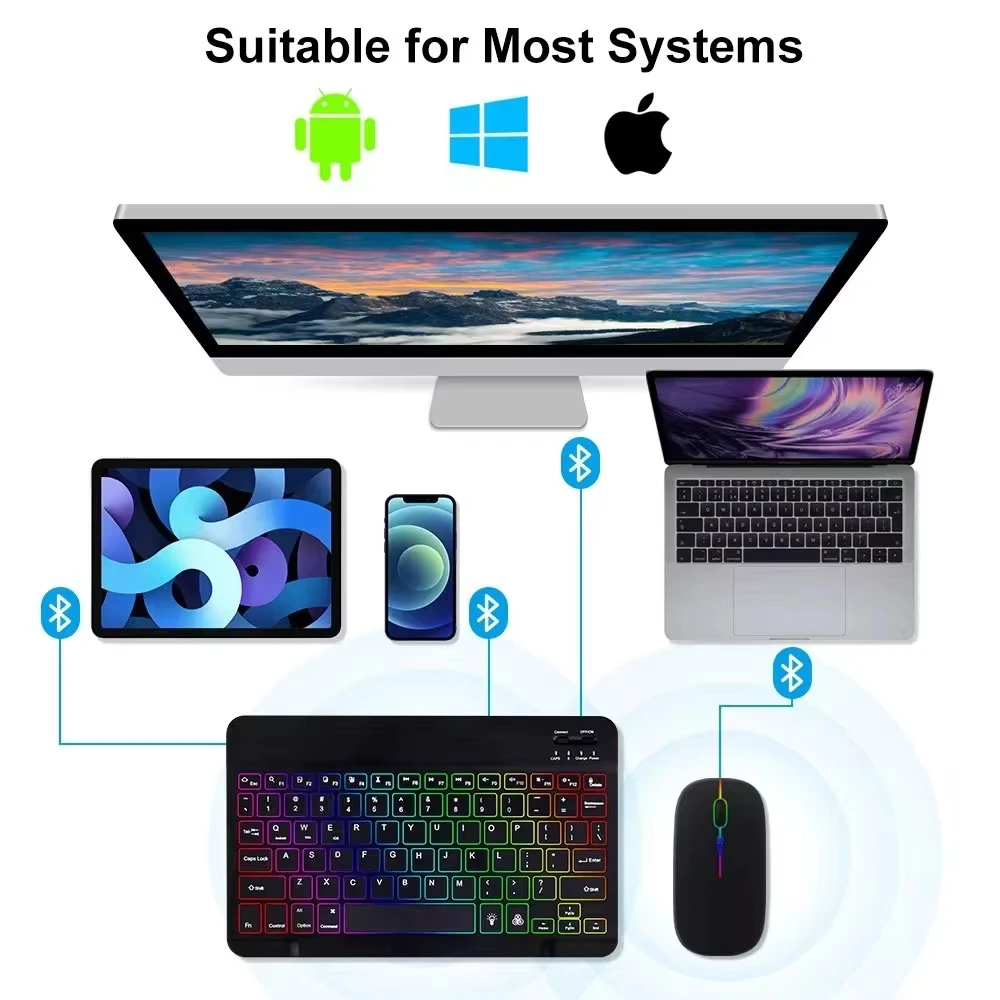 

10-дюймовая Bluetooth-клавиатура с RGB-подсветкой для IOS, Android, Windows, iPad, планшета Samsung, ноутбука, иврит/испанский/русский/корейский