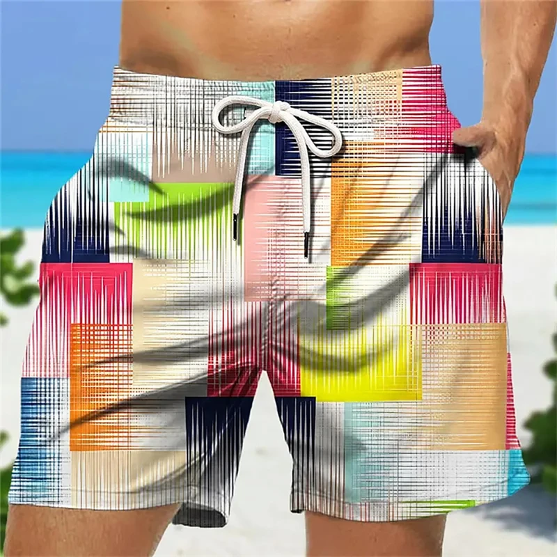 Colorful Plaid Patchwork Print Beach Short Men Vacation Casual Stripe Shorts Summer Funny Hawaii Style Children Drawstring Tunk