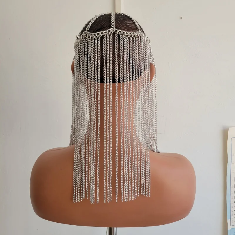 Damen Haarschmuck mit Quasten und Metallketten, Fransen-Kopfschmuck, hohles Netz-Kopfband für Nachtclub, Rave, Festival, Cosplay, Party, Körperkette – Detail 3