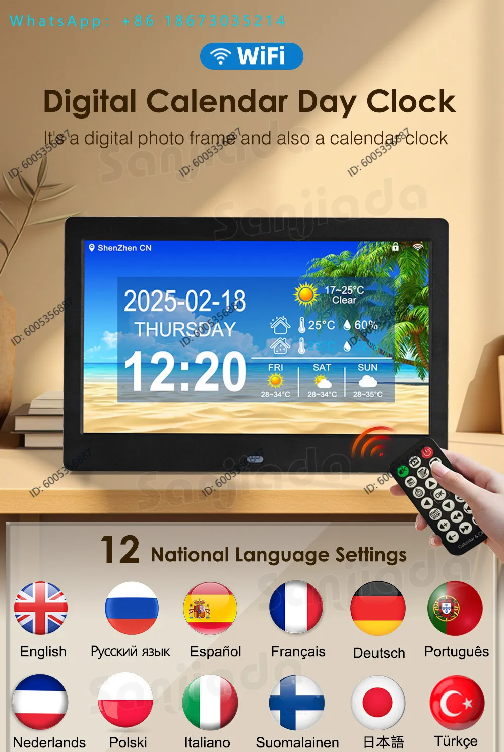Digital perpetual calendar hanging on the wall, weather forecast temperature and humidity, album display