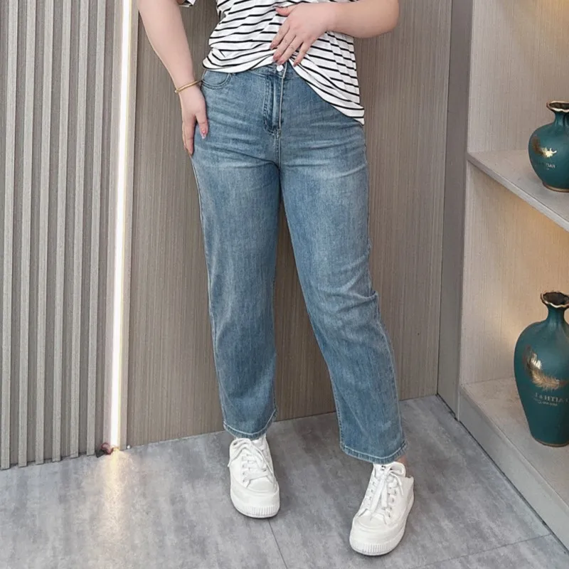 Calça feminina fina de harém denim, cintura alta, fina, casual, verão, nova, plus size, 2024