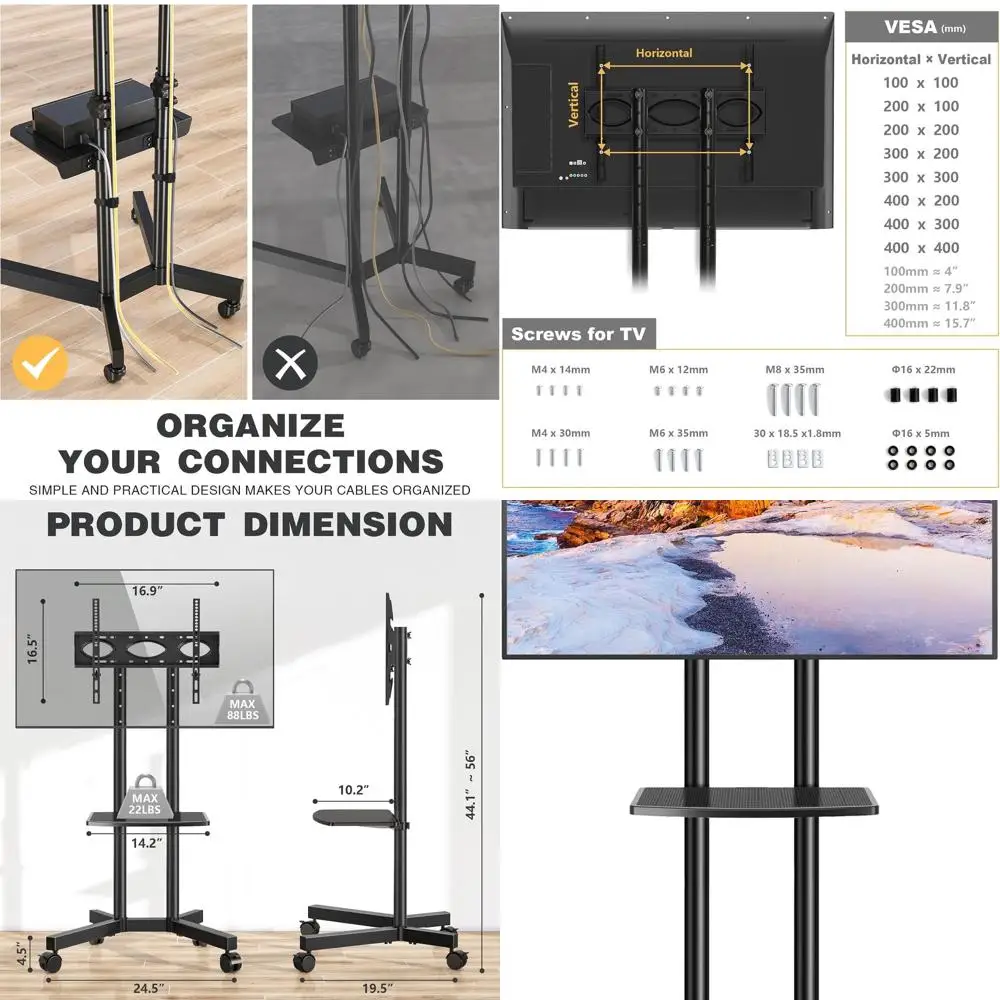 

Mobile TV Stand with Upgraded Wheels for 32-75 Inch TVs up to 88 lbs, Height Adjustable Rolling TV Stand with Laptop Shelf, Mobi