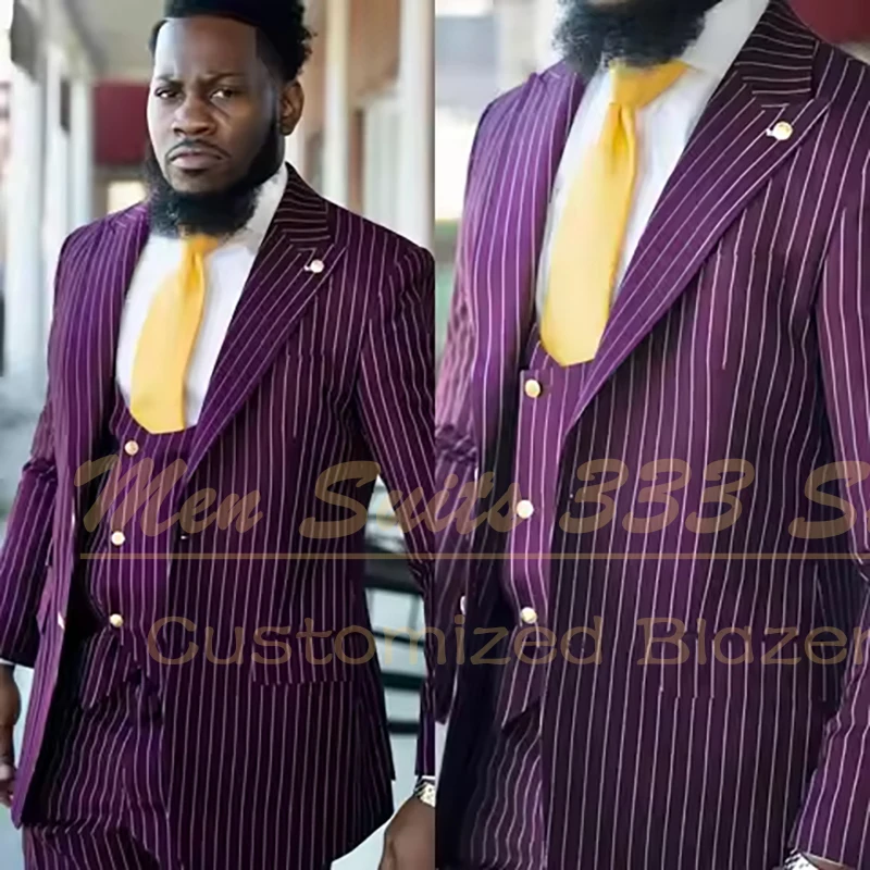 

Роскошные фиолетовые мужские костюмы в тонкую полоску на свадьбу, куртка из трех предметов, брюки, жилет, пиджак высокого качества с подкладкой, официальная мужская одежда
