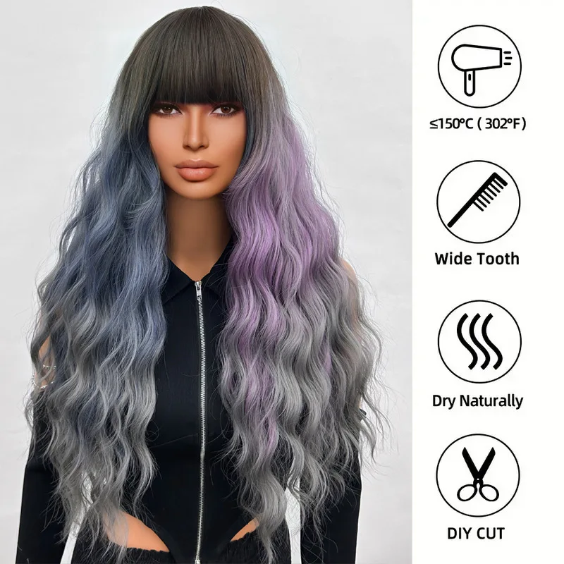 التدرج اللون مع الانفجارات الشعر الطويل موجة طويلة حليقة المرأة الألياف مقاومة للحرارة شعر مستعار القبعات