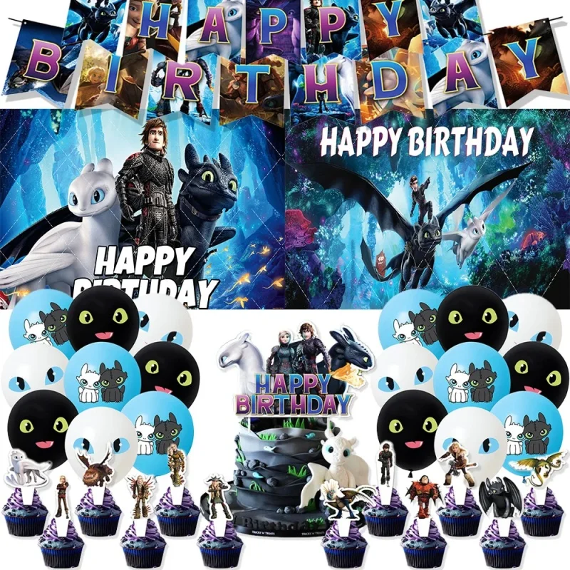 Jeu de ballons Dragon comme Train sans dents, oeil vert noir, affiche de joyeux anniversaire, ornement de gâteau, décoration de fête