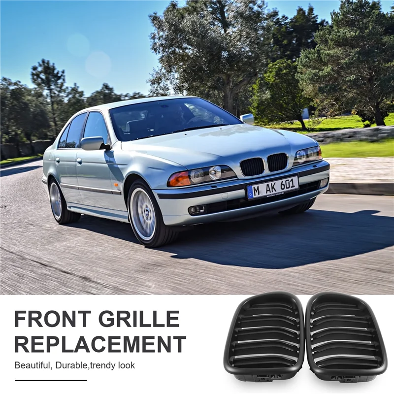 A45F-Front Bumper Kidney Grill Replacement Dual Slat Grilles For BMW E39 5 Series 525 528 1995-2004 Matte Black
