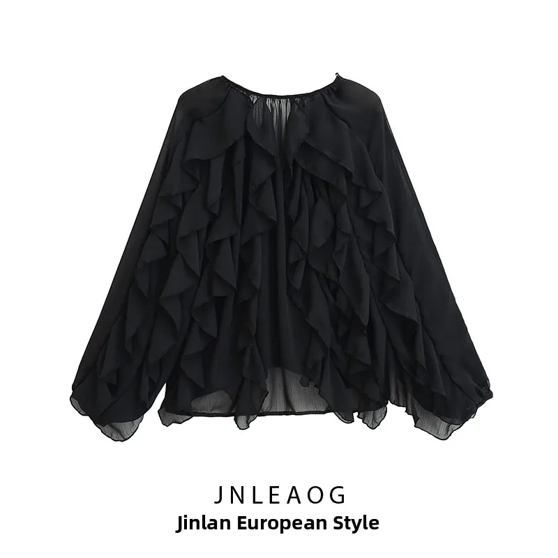 JNLEAOG Lente Nieuwe Dames Faion Design Sense Overlap Decoratie irt Polyester Loose Fit Lang Sve rond Ne Pure Kleur