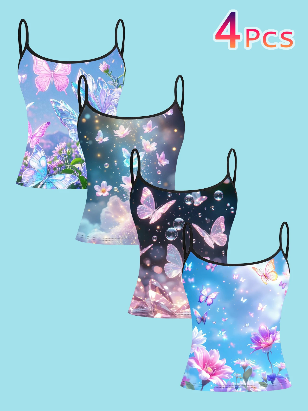 4-Piece Set of Dreamy Crystal Butterfly Floral Starry Sky Print Camisole for Women, Pink and Purple Gradient Fairy-Style Thin Strap Waist-Cinching Slim-Fit Base Top, Suitable for Cross-Border Travel, Vacation Photos, Casual Wear, and Outdoor Activities