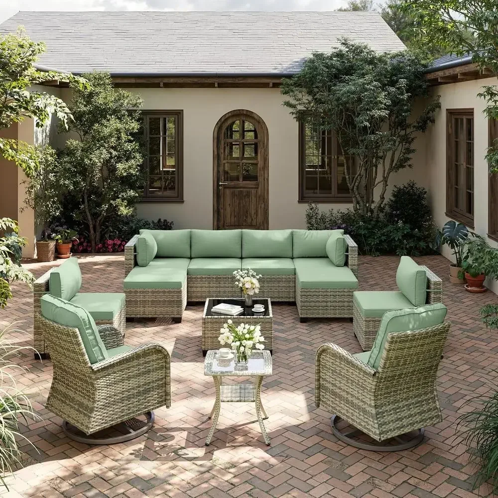 12-Piece Patio urniture Set, Outdoor Patio urniture with Swivel Chairs Set, Ottomans, ular Patio Soa, Dual-Strand Rattan, Rust-R