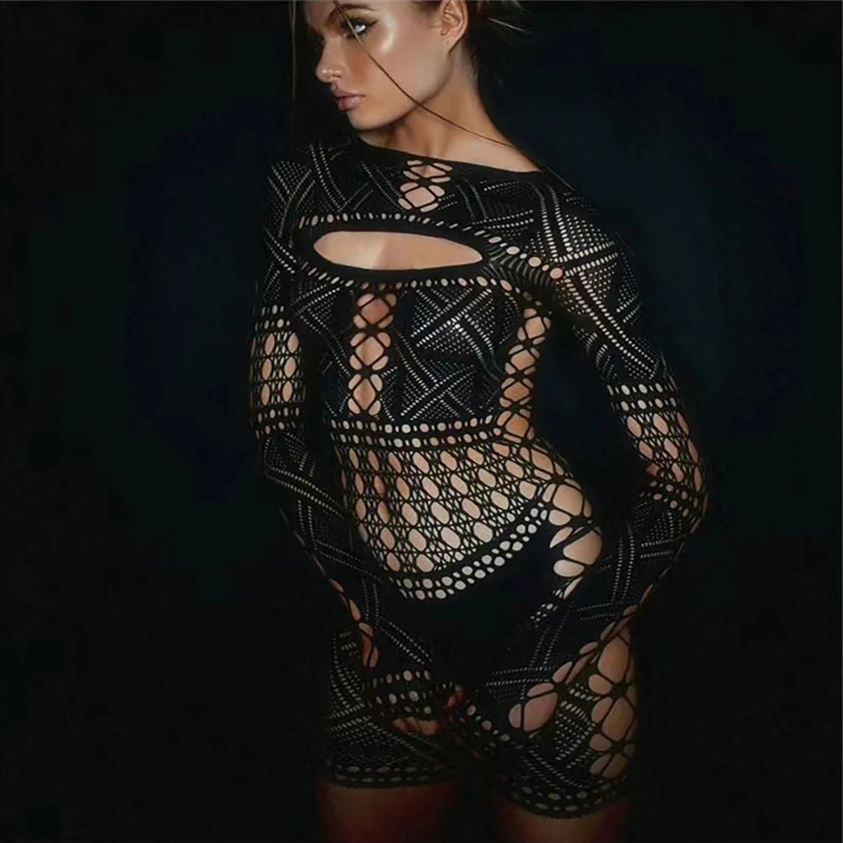 New Arrivals Black Long Sleeves Sexy Backless Lace Hollowing Mesh Sheer High Waist Cut Out Cross Stripe Tight Short Jumpsuit