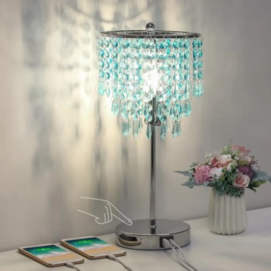 

Touch Control Crystal Table Lamp Dual USB Bedside Lamps for Bedroom 3-Way Dimmable Nightstand Lamp with Elegant Teal Shade for