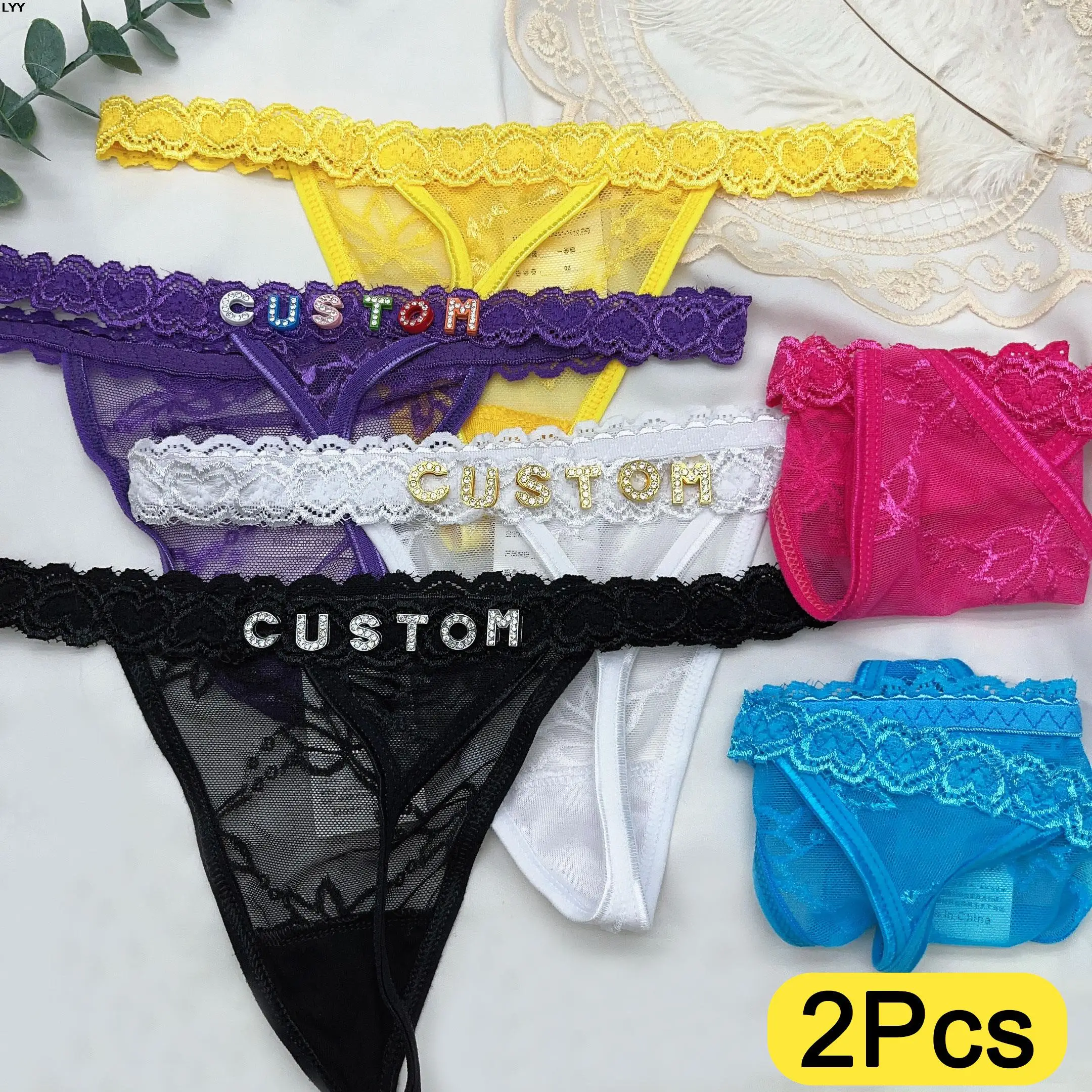 Tanga com nome personalizado para mulheres, letras de cristal, biquíni, roupa íntima, renda sexy, calcinhas, cuecas, briefing, moda nova, presentes,