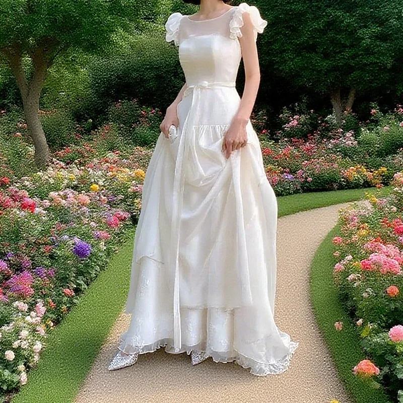 

Customized Fancy Graceful O Neck A Line Korea Women Soft Satin Bridal Gown Backless Corset Wedding Dress