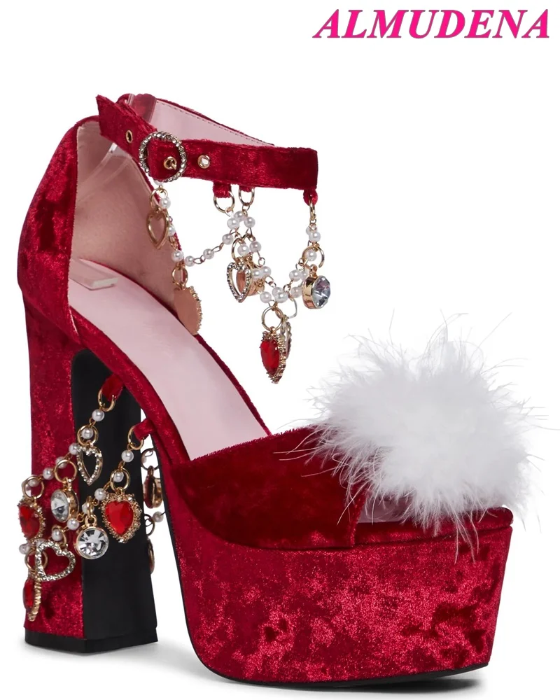 Red Velvet Fur Jewel Platform Sandals Christmas Crystal Ankle Strap Chunky Heel Big Size High Heels Women Luxury Designer Shoes