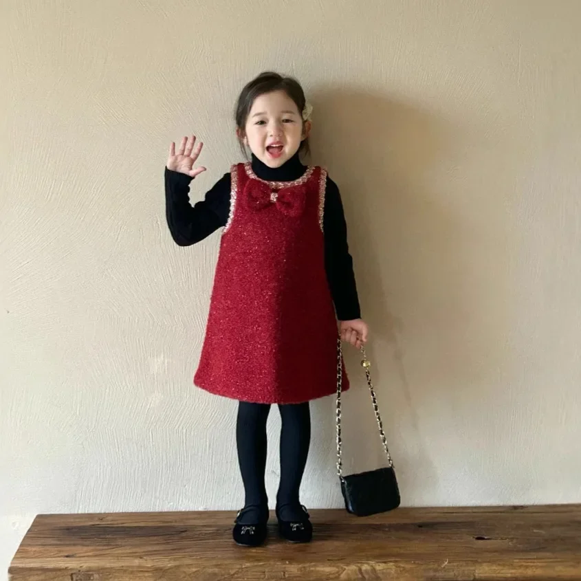 Girls Suit 2024 Winter New Childrens Clothes Girls Baby Sweater Cotton Circle Skirt Two-piece Set Casual Simple and Daily